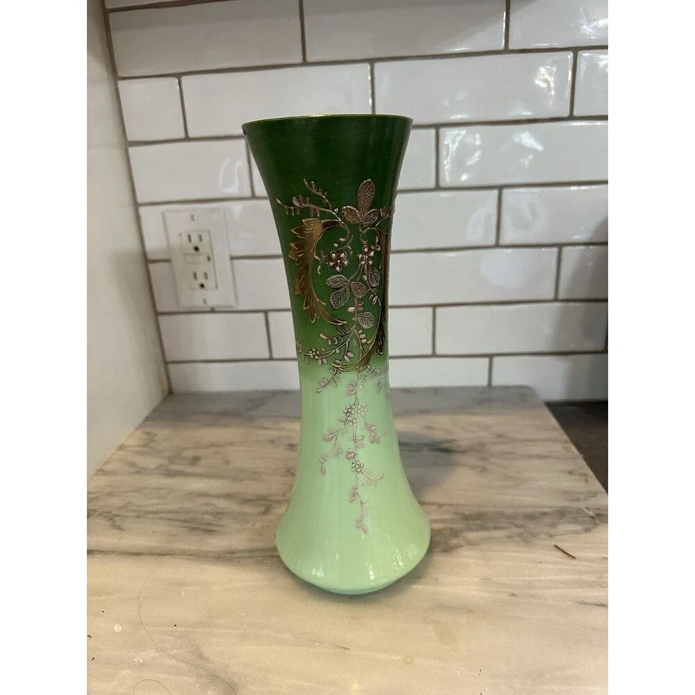 Opaline Two Tone Green Art Glass Gilt Flowers Hand Painted Vase Victorian 11.5